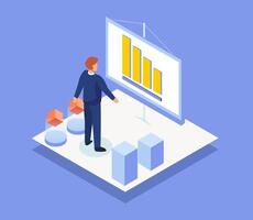 Visual isometric with people and statistics graph on mobile vector illustration