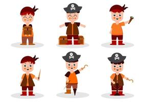 Set of pirate with different action in cartoon character flat vector