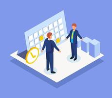 Two business people with calendar and work time Isometric vector