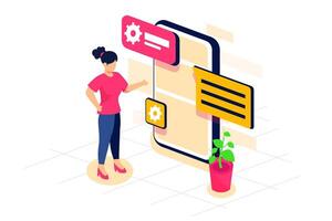 Female teenager setting communication networking on smartphone Isometric illustration concept vector