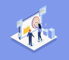 Two young business people Plan to work and create target isometric vector design illustration