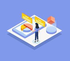 Young business woman looking virtual statistics graph Isometric vector