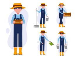 conjunto de granjero o agricultor en vector de personaje de dibujos animados