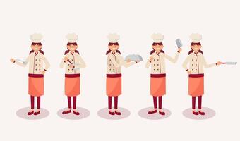 Conjunto de chef femenina en personaje de dibujos animados diferentes acciones ilustración vectorial vector