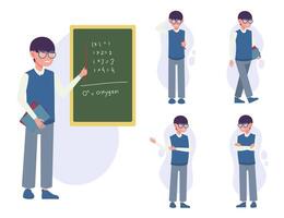 Set of teacher man in cartoon characters different action vector