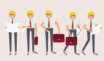 Set of engineer builder with yellow helmet in cartoon character vector