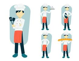 Conjunto de personaje de dibujos animados de chef hombre en diferentes acciones ilustración vectorial vector