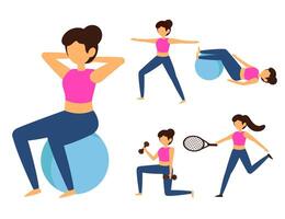 Set of healthy woman exercise in cartoon characters vector