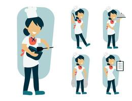 set of female chef cartoon character in different actions vector