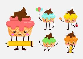 Set of cup cake in funny cartoon character flat vector