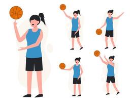 Conjunto de mujer jugando baloncesto en vector de personajes de dibujos animados