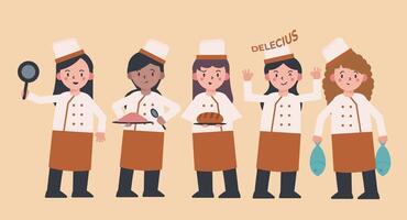 set of female chef character in different actions vector illustration