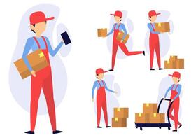 set of deliveryman with box in cartoon characters differrent actions vector