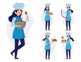 set of female chef cartoon character in different actions vector illustration