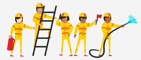 set of  firefighter staff in cartoon character with different actions vector illustration