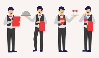 set of waiter in cartoon character different actions flat vector