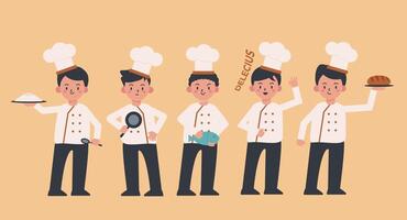 set of chef man character in different actions vector illustration