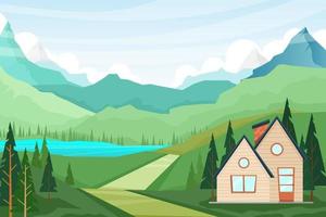 Best nature location with house and  Mountain lake landscape vector illustration