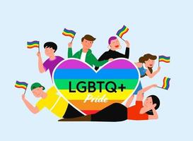 LGBT pride month concept vector illustration. Cartoon young group of lover people standing together, waving, holding rainbow heart and LGBT flag in hands, homosexual rainbow love isolated on cyan background