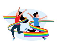 Lgbt gays and lesbians with rainbow flags. Pride love illustration, lgbtq homosexual and transgender freedom demonstration vector