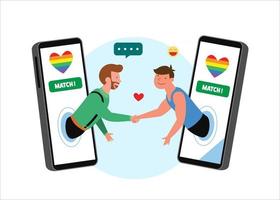 Lgbt gays shaking hands through mobile with rainbow flags. Pride love illustration, lgbtq homosexual and transgender freedom demonstration vector