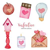 Valentines Day set elements, frame, light, candle, apple, chocolate and more. Template for Sticker kit, Greeting, Congratulations, Invitations, Planners. Vector illustration