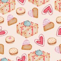 Valentine seamless pattern with heart, gifts, cupcakes and more. Perfect for wallpaper, web page background, textile, greeting cards and wedding invitations vector