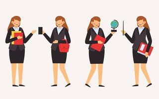set of  teacher in cartoon character with different actions flat vector