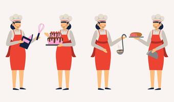 set of female baker in cartoon character with different actions vector