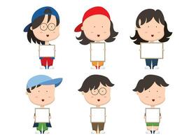 Set of people holding blank board in cartoon character flat vector