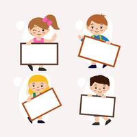 Set of people holding blank board in cartoon character flat vector