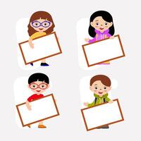 Set of people holding blank board in cartoon character flat vector