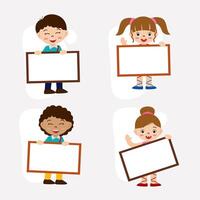 Set of people holding blank board in cartoon character flat vector