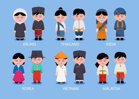 Set of asain regional people with clothing in cartoon characters vector