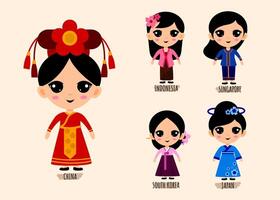 Set Of People In Traditional Asian Clothing cartoon characters vector