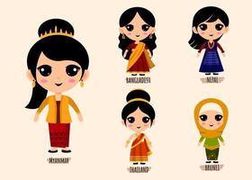 Conjunto de mujer en personajes de dibujos animados de ropa tradicional asiática vector