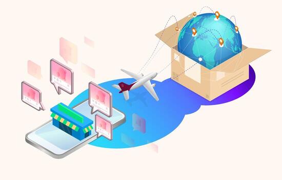 Big Isolated Vector of e-commerce, Shopping Online, Shopping global on Mobile Application, payment Online and getting delivery, 3d illustration, 3d rendering