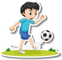 pegatina de personaje de dibujos animados con un niño jugando al fútbol vector