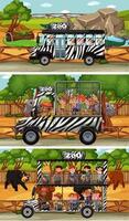 Set of different safari horizontal scenes with animals and kids cartoon character vector