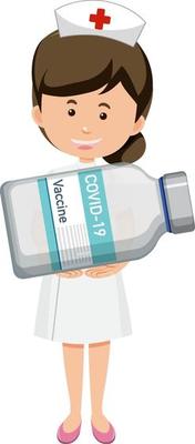 Cartoon character of a nurse holding a covid-19 vaccine bottle