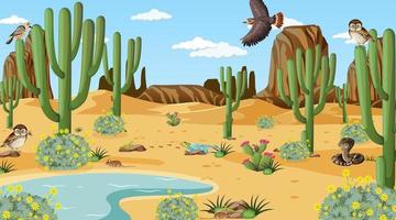 Desert forest landscape at daytime scene with desert animals and plants vector