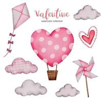 Valentines Day set elements kite, cloud, air balloon and more. Template for Sticker kit, Greeting, Congratulations, Invitations, Planners. Vector illustration