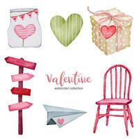 Valentines Day set elements chair, paper plane, gift and more. Template for Sticker kit, Greeting, Congratulations, Invitations, Planners. Vector illustration