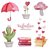 Valentines Day set elements umbrella, mushroom, heart, cactus and more. Template for Sticker kit, Greeting, Congratulations, Invitations, Planners. Vector illustration