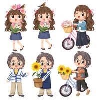 childrem set de 6 niñas también una bicicleta y flores, niñas sonrientes y felices concepto de primavera. vector