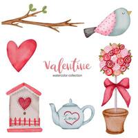 Valentines Day set elements branches, birds, heart, teapot and more. Template for Sticker kit, Greeting, Congratulations, Invitations, Planners. Vector illustration