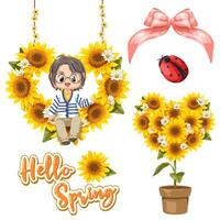 A little boy is sitting on a Collection of heart shape sunflower frame with ribbon. Welcome spring greeting card. Vector illustration concept design