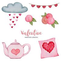 Valentines Day set elements pillow, cloud, rose and more. Template for Sticker kit, Greeting, Congratulations, Invitations, Planners. Vector illustration