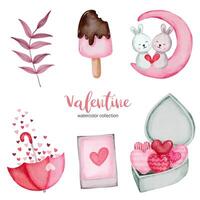 Valentines Day set elements rabbit, ice cream, books and more. Template for Sticker kit, Greeting, Congratulations, Invitations, Planners. Vector illustration