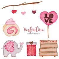 San Valentín establece elementos ramas, tablero, elefante y más. plantilla para kit de pegatinas, saludo, felicitaciones, invitaciones, planificadores. ilustración vectorial vector